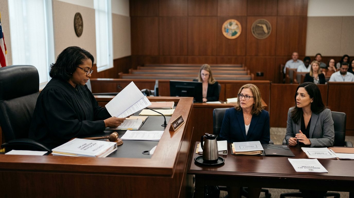 Courtroom scene with a judge reviewing involuntary commitment petition documents while the petitioner sits with counsel.