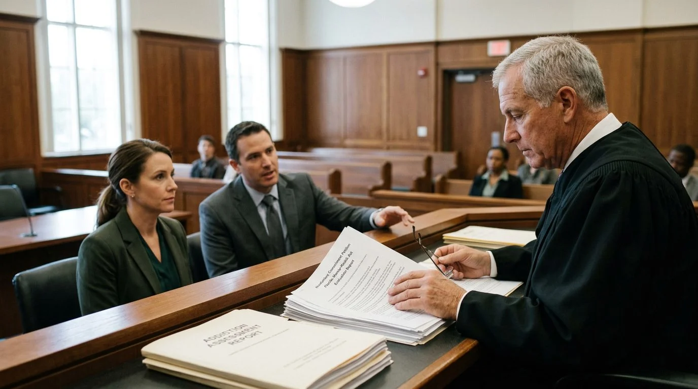 Courtroom scene with a judge reviewing involuntary commitment petition papers while counsel and the petitioner sit at the table.