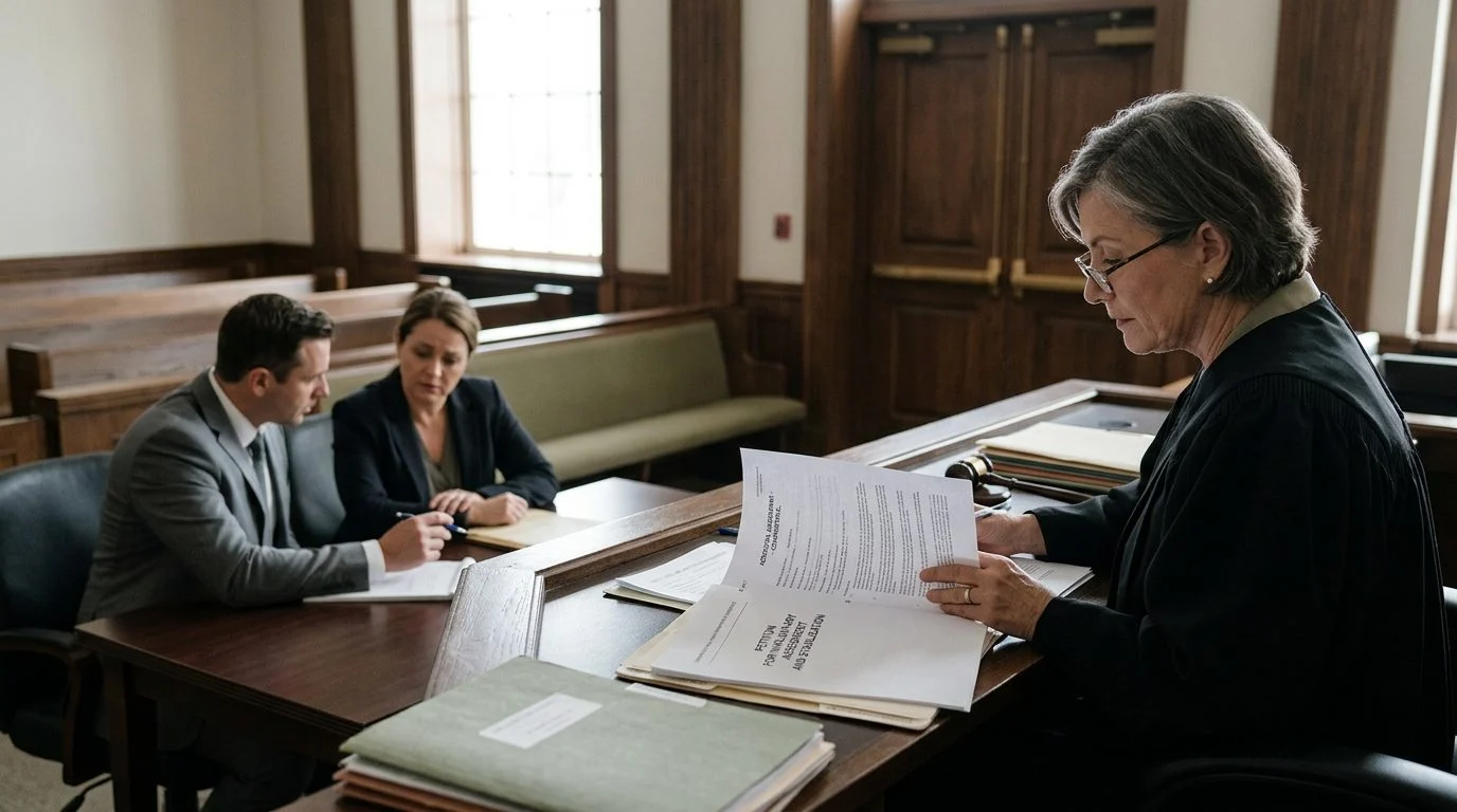 Courtroom scene with a judge reviewing involuntary commitment petition documents while the petitioner sits with counsel.