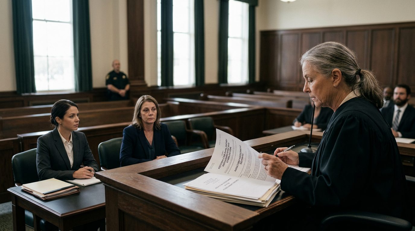 Courtroom scene with a judge reviewing involuntary commitment petition documents while the petitioner sits with counsel during a Marchman Act hearing.