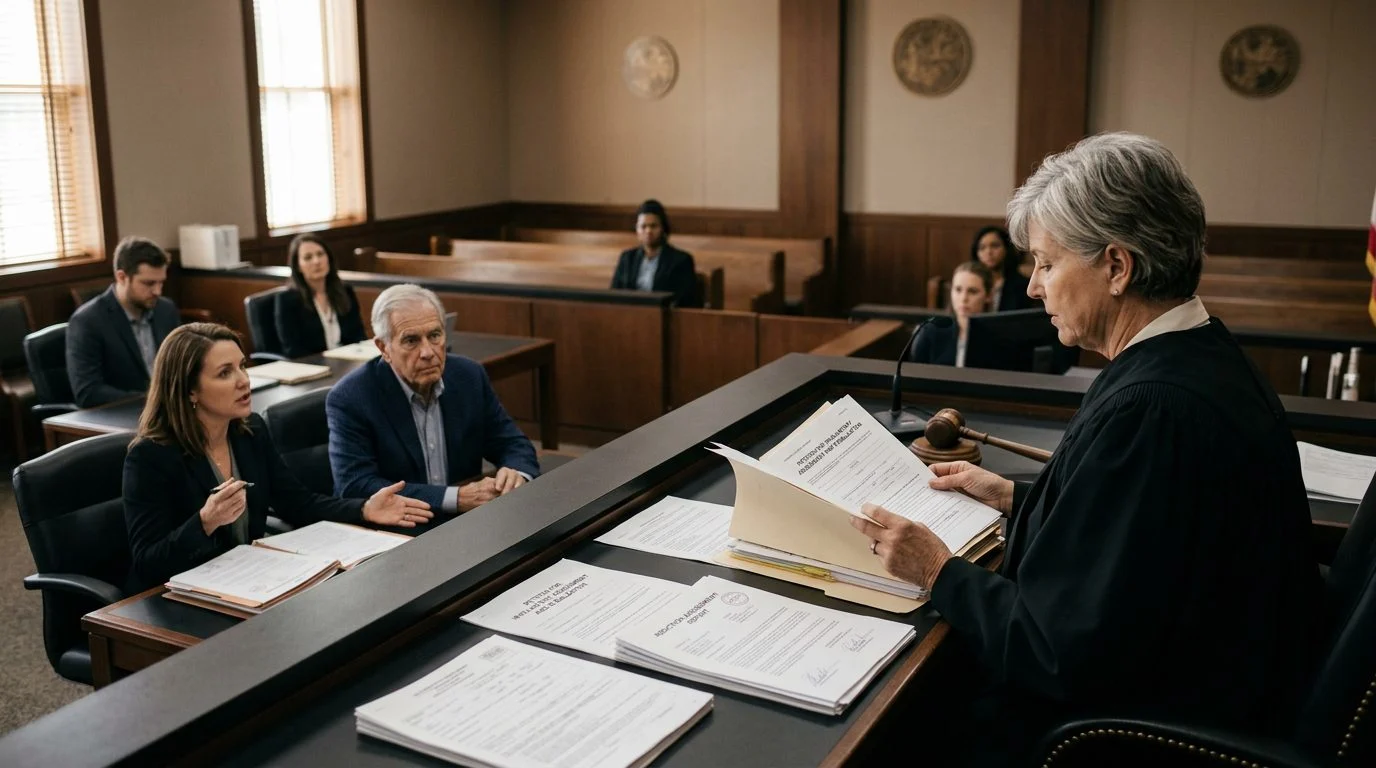 Courtroom scene with a judge reviewing petition documents while the petitioner and counsel sit before the bench.