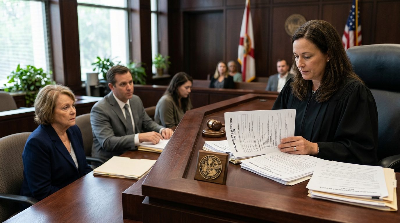 Courtroom scene with a judge reviewing petition documents while the petitioner and counsel sit before the bench.