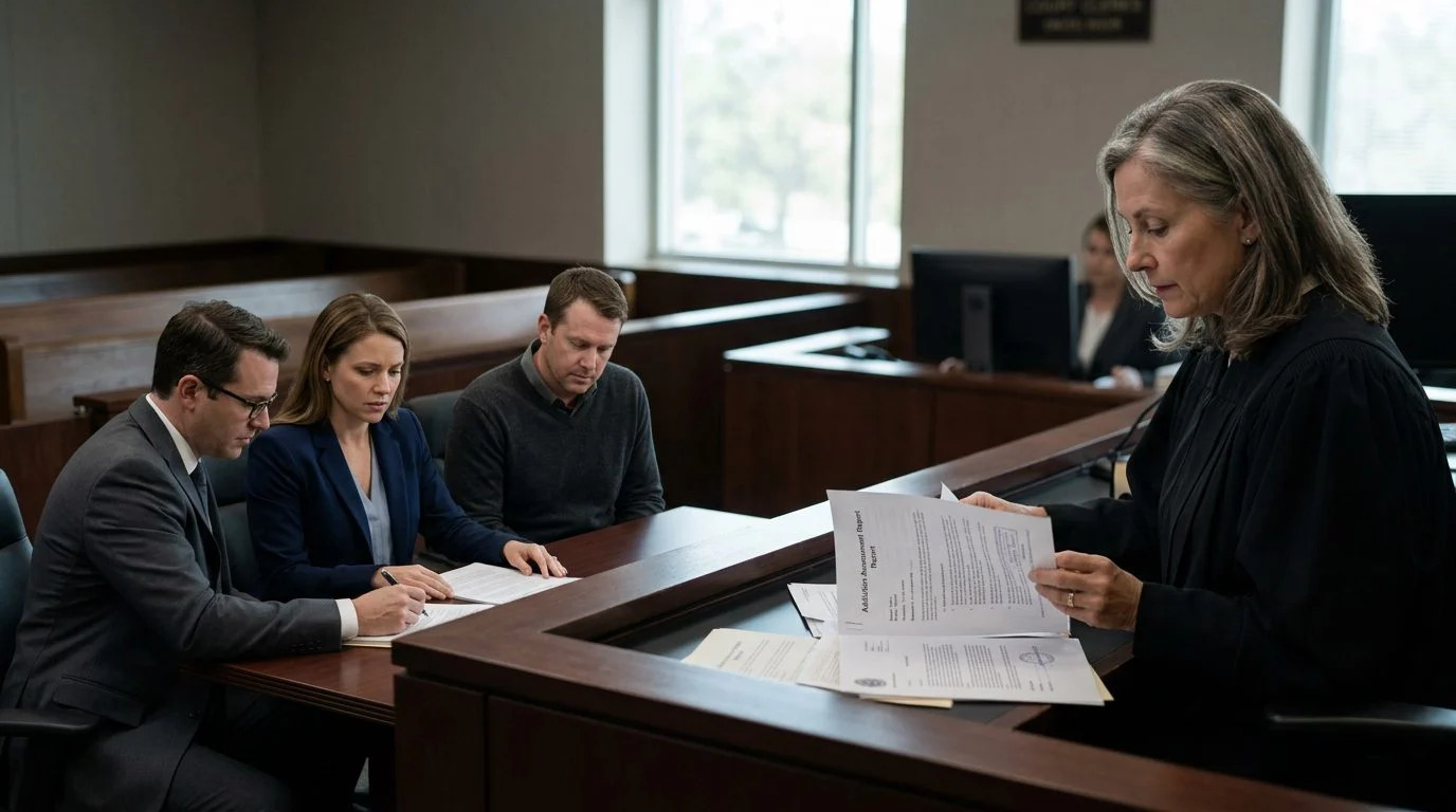 Courtroom scene with a judge reviewing petition papers while a petitioner sits with counsel.