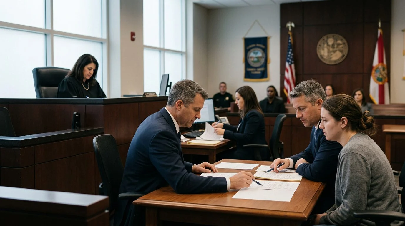 Courtroom with a judge, a respondent and their attorney, and a clerk preparing orders at a Marchman Act hearing.