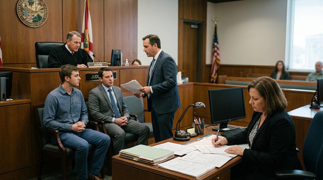Courtroom with a judge, a respondent and their attorney, and a clerk preparing commitment orders.