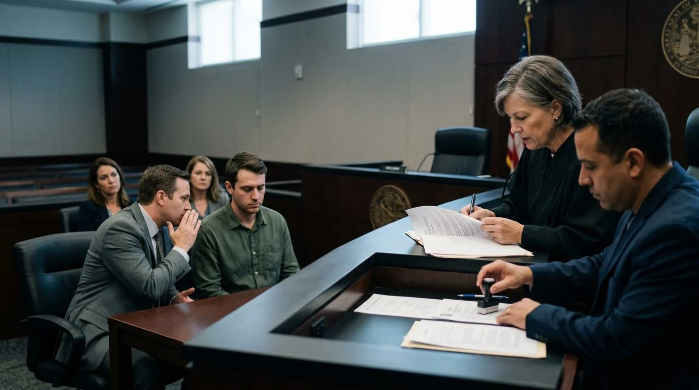 Courtroom with a judge, a respondent seated with their attorney, and a clerk preparing court orders.