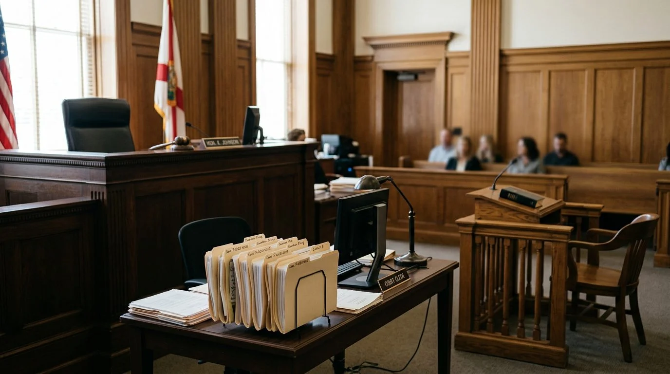 Sala de tribunal con el estrado de testigos vacío, el estrado del juez y expedientes sobre el escritorio del secretario.