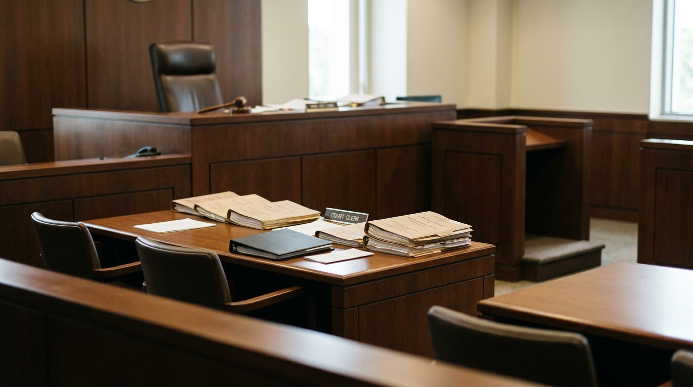Empty courtroom set up for a guardianship hearing, with the judge's bench, witness stand, and case files on the clerk's desk.