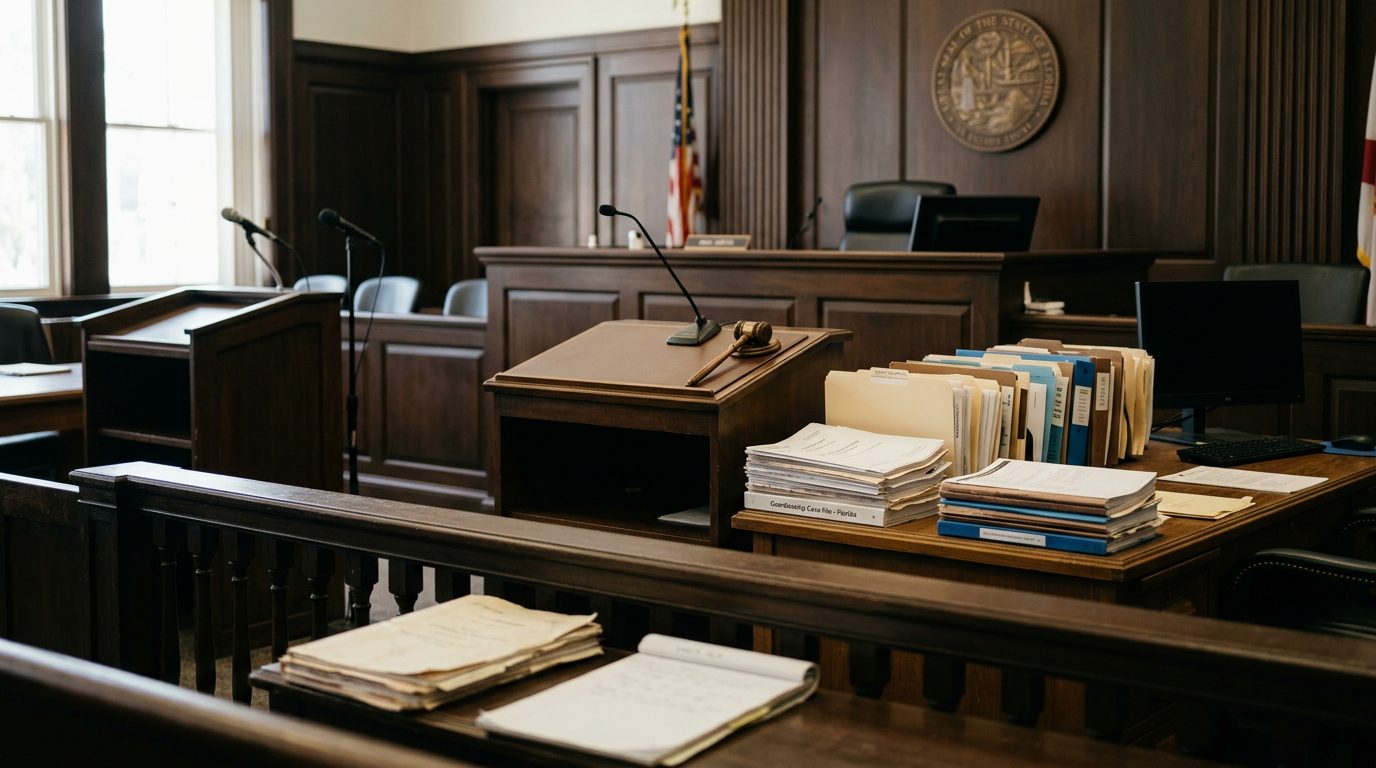 Empty Florida courtroom with a judge's bench, witness stand, and case files on the clerk's desk during a guardianship hearing.