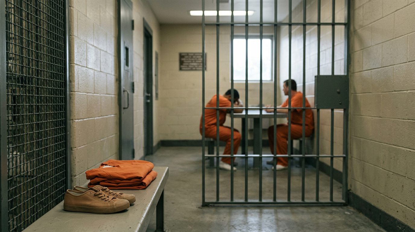 Empty jail cell with a steel bunk, thin mattress, and barred window in soft daylight.