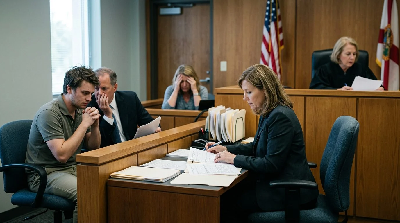 Florida courtroom during a Marchman Act hearing with a judge, a respondent and lawyer, and a clerk preparing orders.