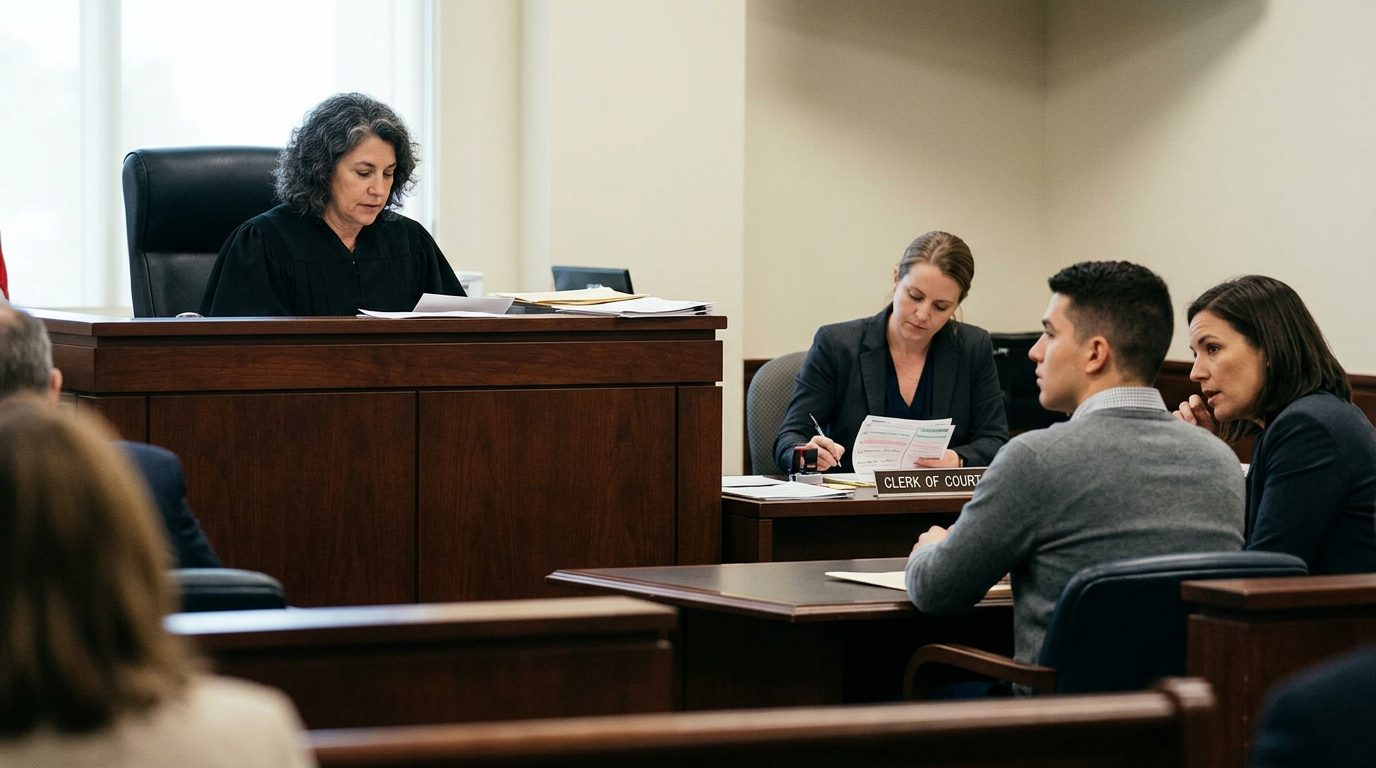 Florida courtroom during a Marchman Act hearing with a judge, respondent, attorney, and a clerk preparing orders.