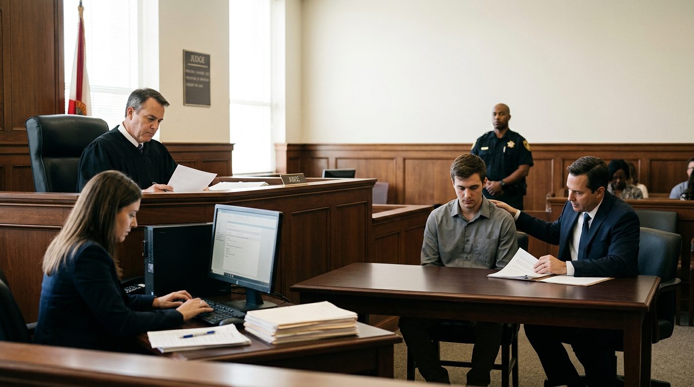 Florida courtroom hearing with a judge, a respondent and their lawyer, and a clerk preparing commitment orders.
