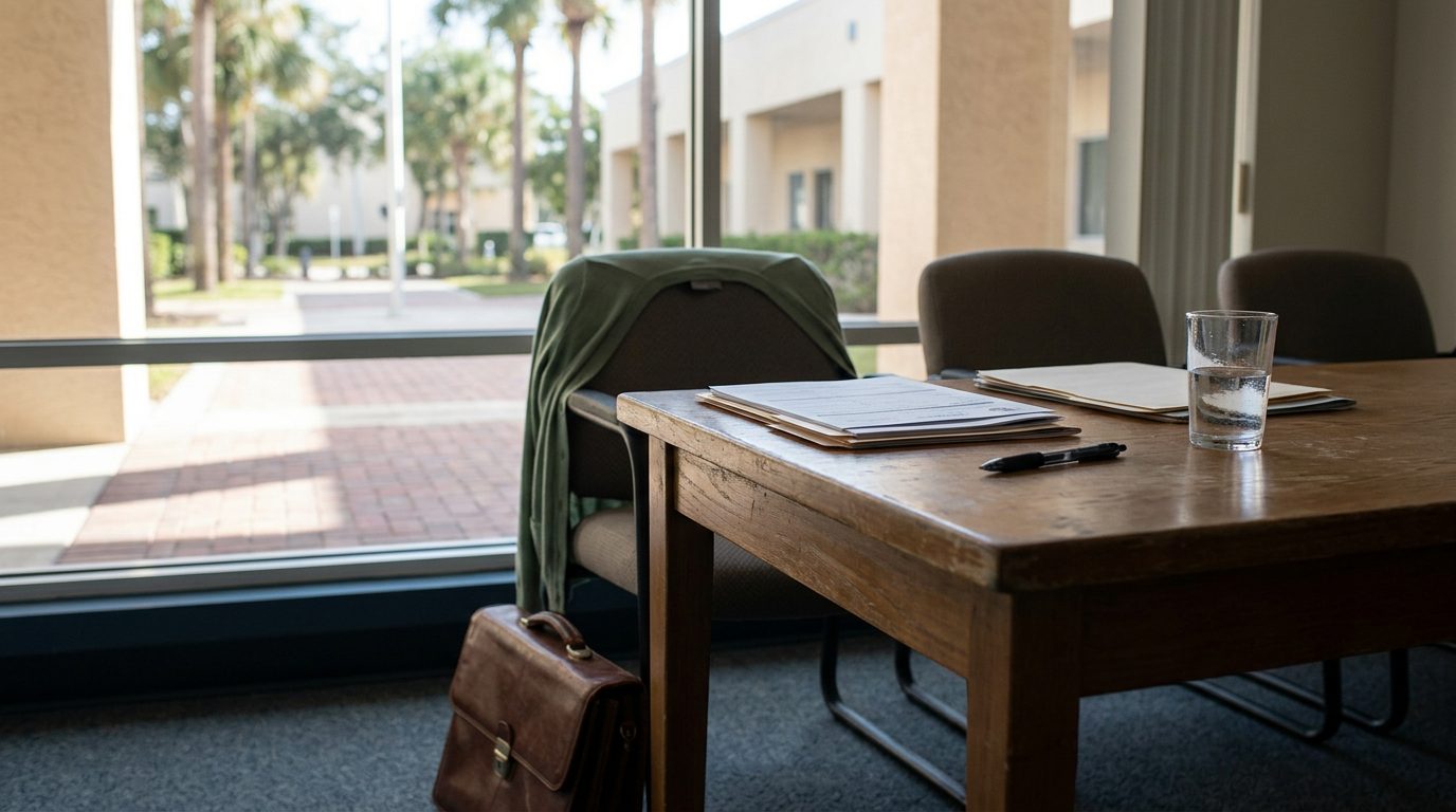 Florida courtroom with judge's bench and legal documents on desk.
