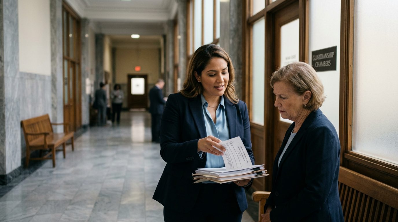 Guardianship Attorney in Miami-Dade | Robinson Casey. a courthouse hallway outside a guardianship chambers where an attorney confers with a client about a limited guardianship order, holding court filings and a narrowly tailored powers document