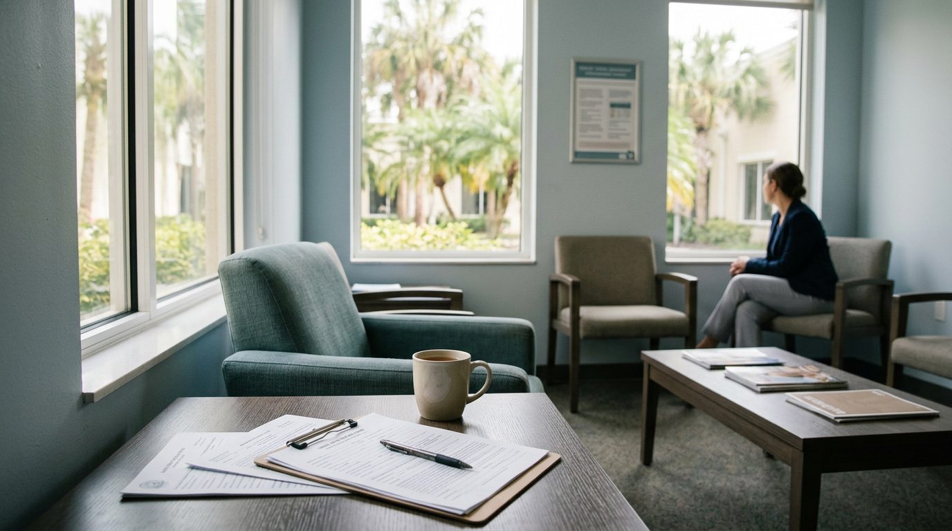 Hospital consultation room with desk, chairs, and filing cabinets.