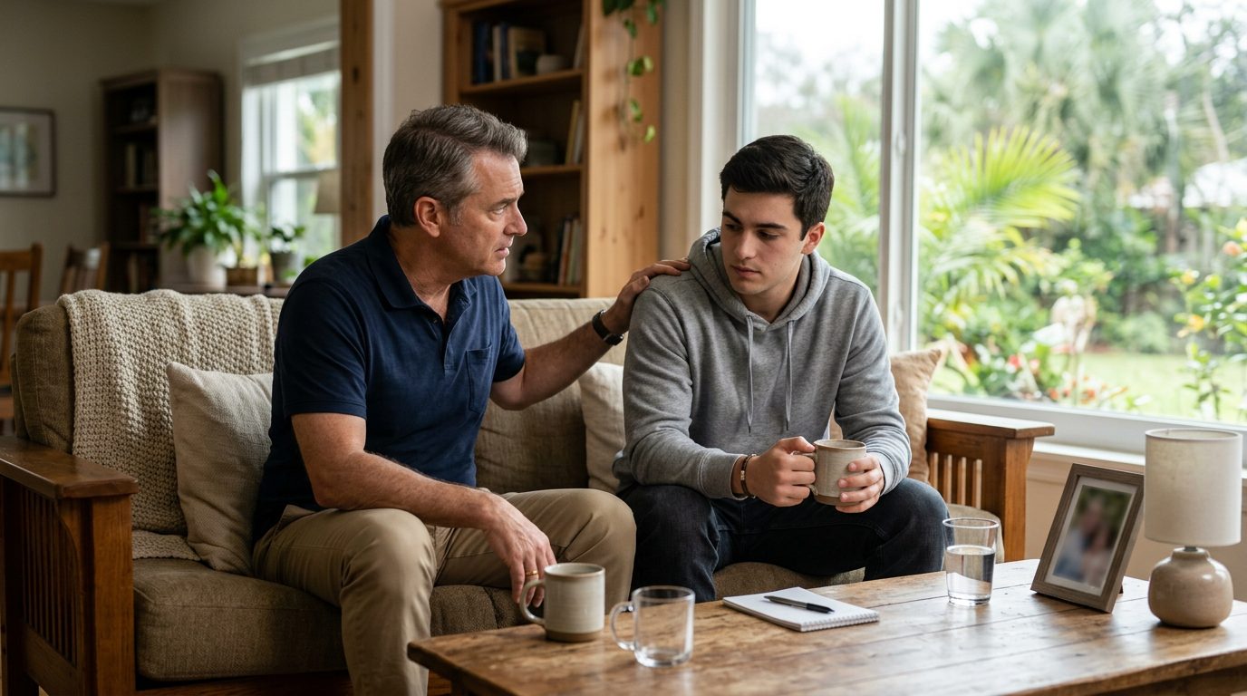 How Do I Help My Son Get Off Drugs? A Florida Guide. a realistic, non-graphic photo of the setting of help son get drugs florida guide: the place and the objects involved, no injured people, no medical equipment, no wheelchairs or walkers