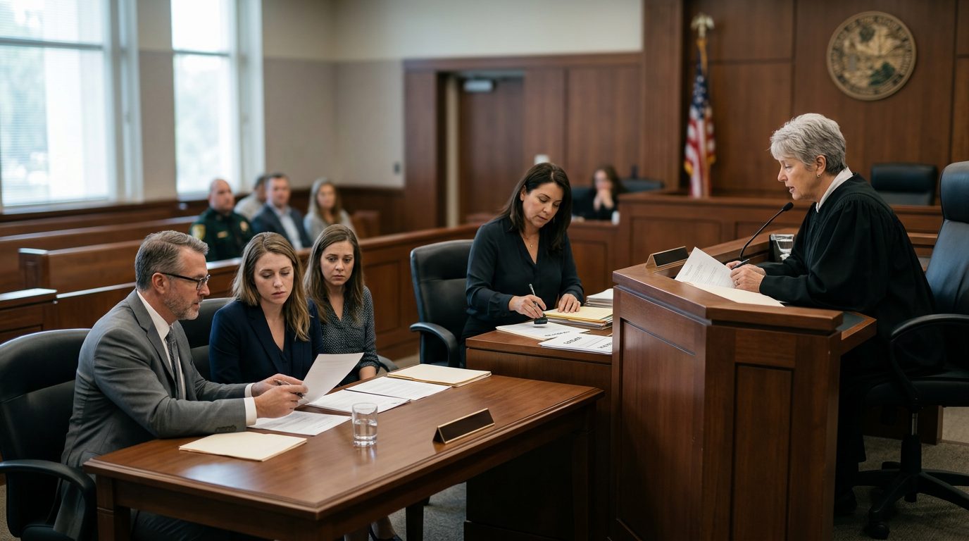 Judge presides over a Florida courtroom hearing as a respondent and attorney sit at the table and a clerk prepares orders.