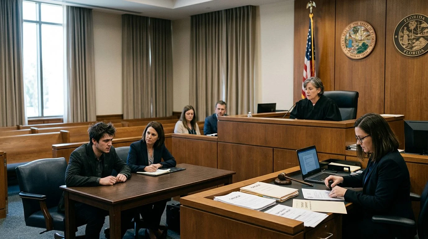 Judge presiding over a courtroom hearing, with a respondent and their attorney present as a clerk prepares documents.