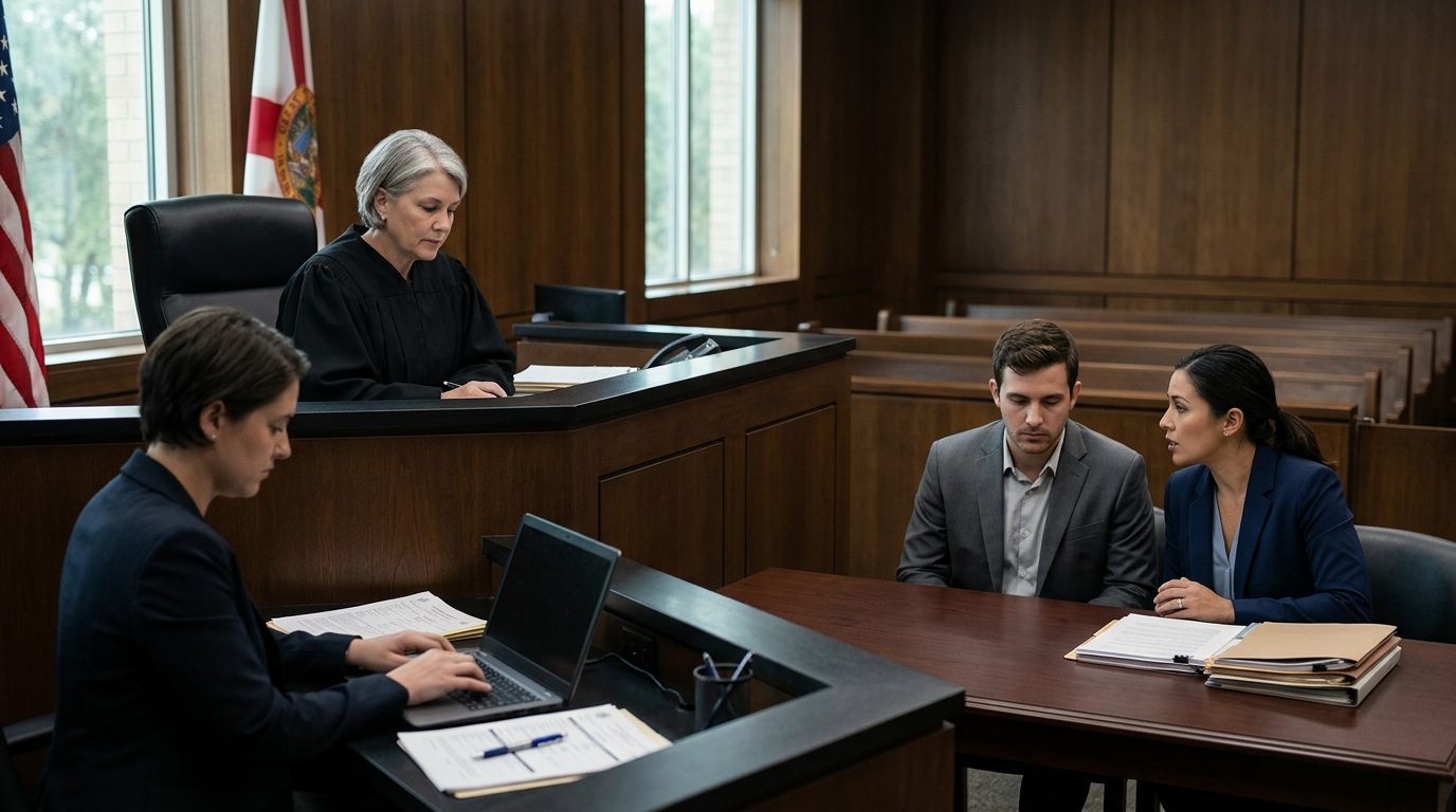 Judge presiding over a courtroom hearing with a respondent and attorney, while a clerk prepares commitment orders.