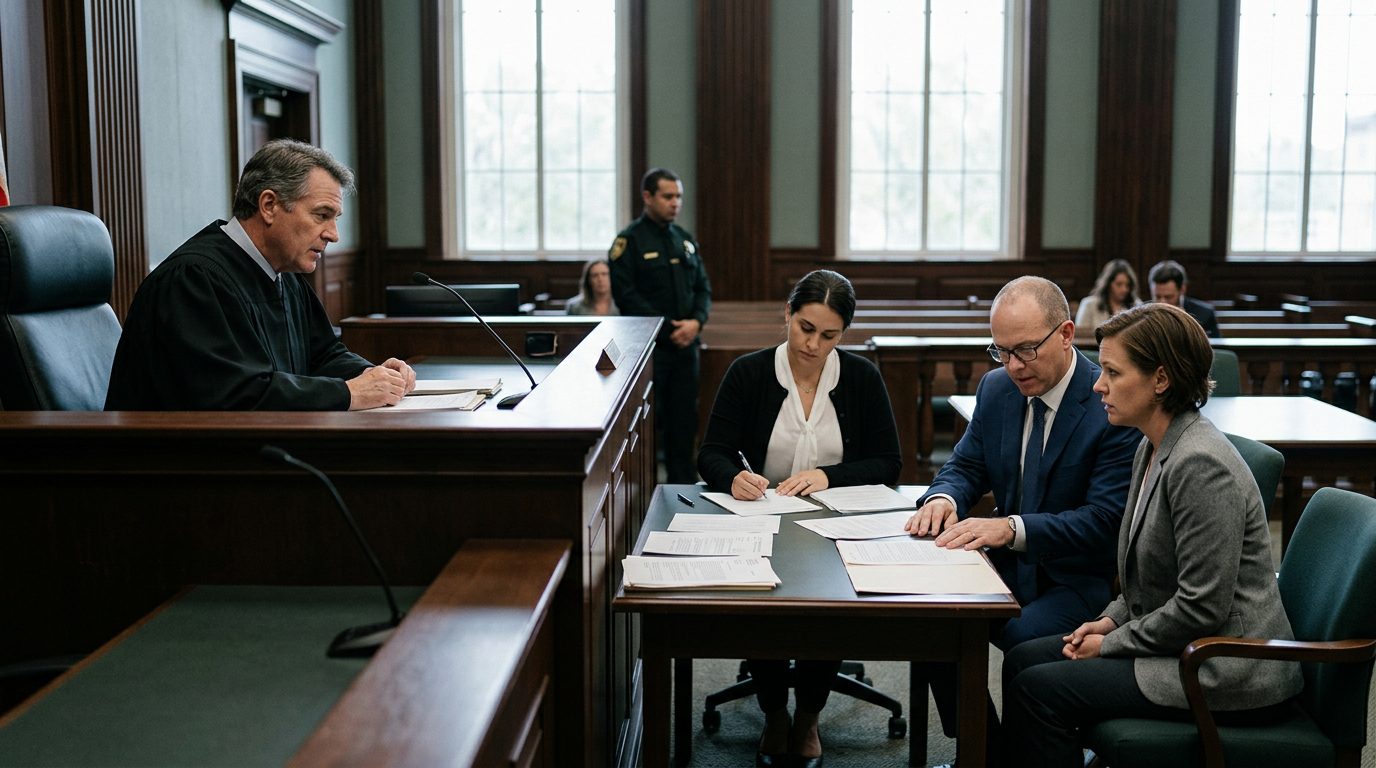 Judge presiding over Baker Act emergency hearing with respondent and legal representative present in courtroom.
