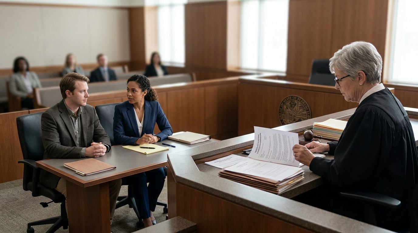 Judge presiding over limited guardianship hearing with defendant and legal counsel present in courtroom.