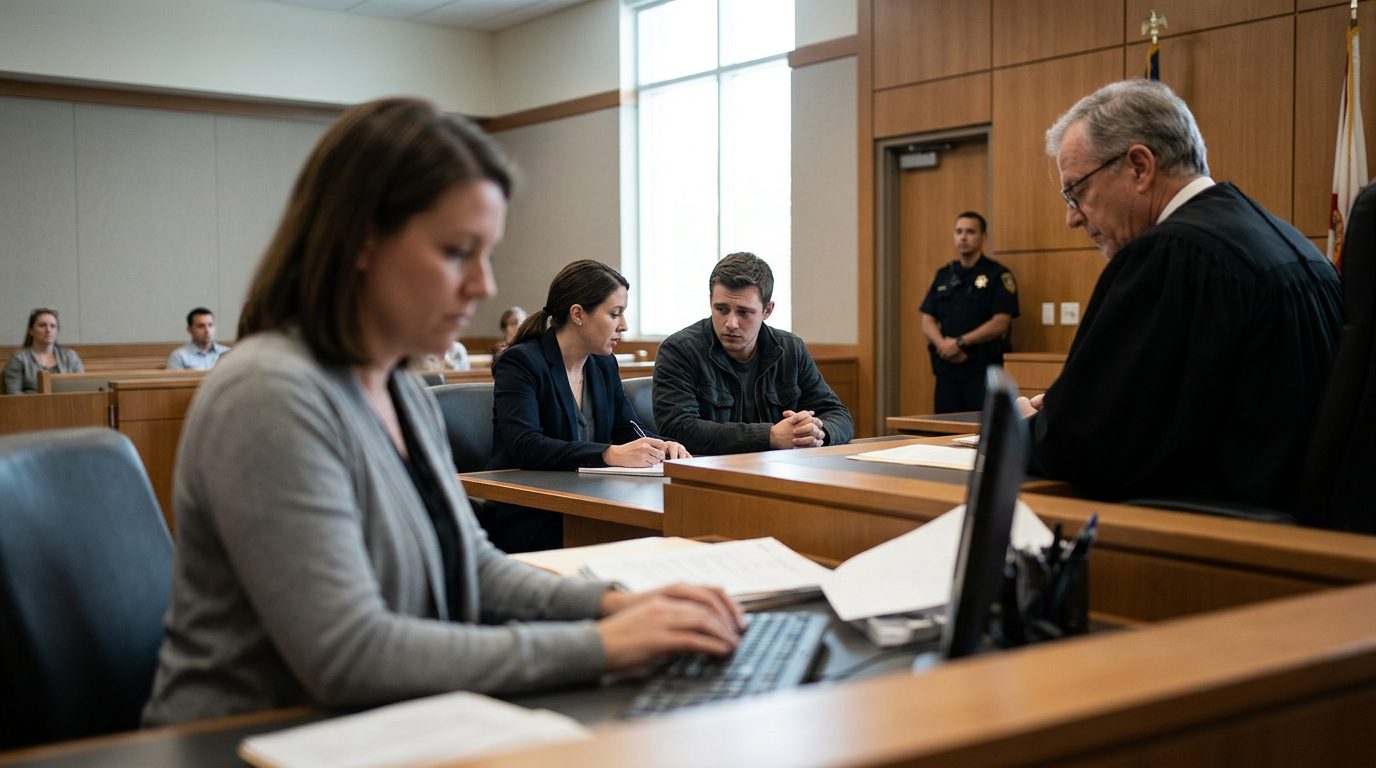 Judge presiding over Marchman Act emergency admission hearing with respondent and legal counsel present.