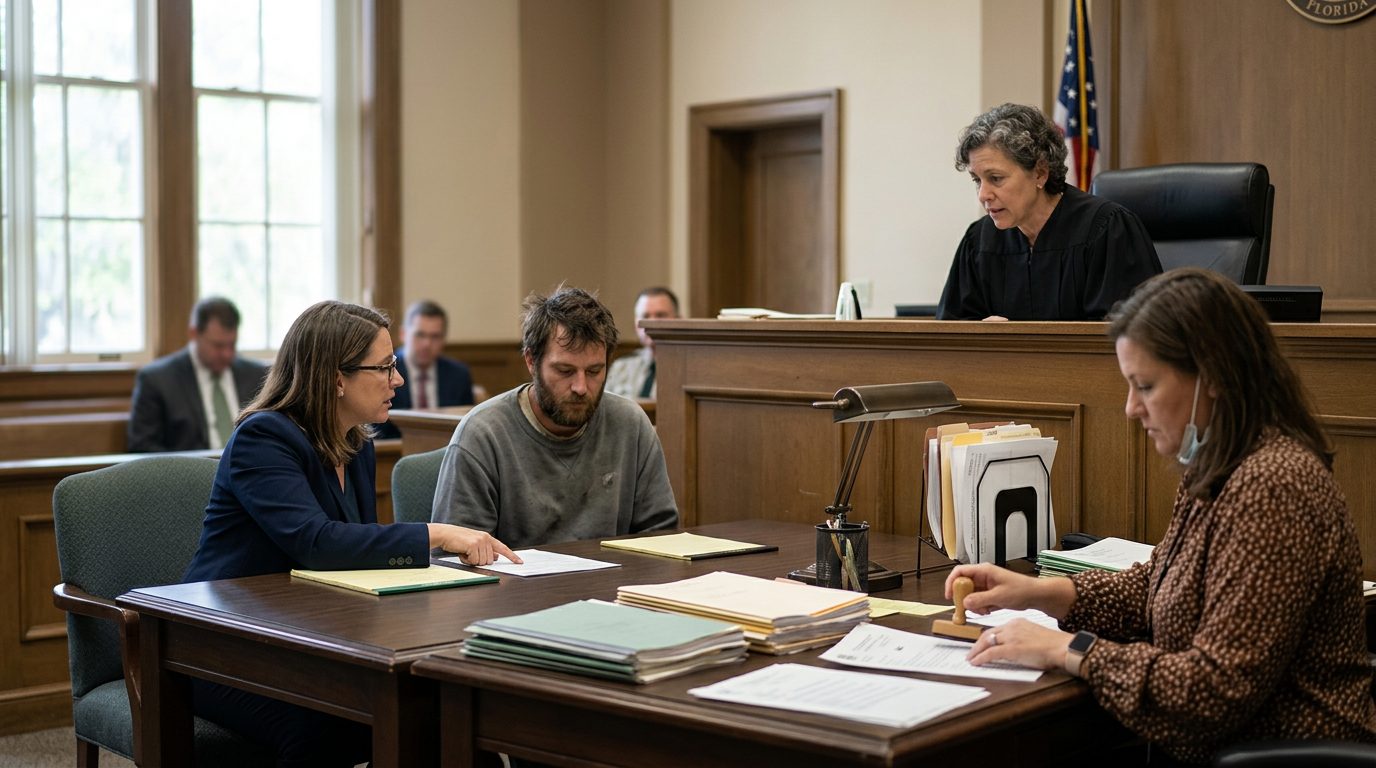 Judge presiding over Marchman Act emergency hearing with respondent and legal representative present.