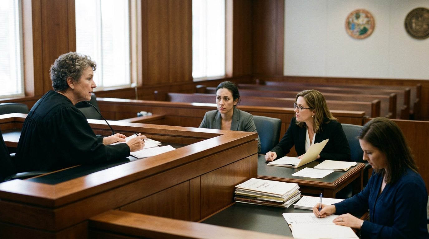 Judge presiding over Marchman Act emergency hearing with respondent and attorney present in courtroom.