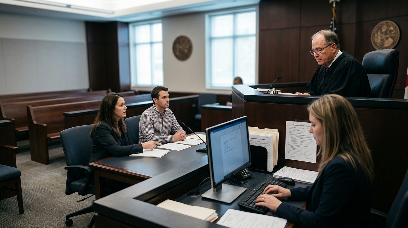 Judge presiding over Marchman Act emergency proceeding with respondent and legal counsel in courtroom.