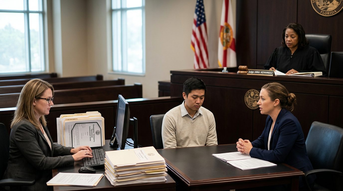Judge presiding over Marchman Act emergency proceeding with respondent and legal representation present.