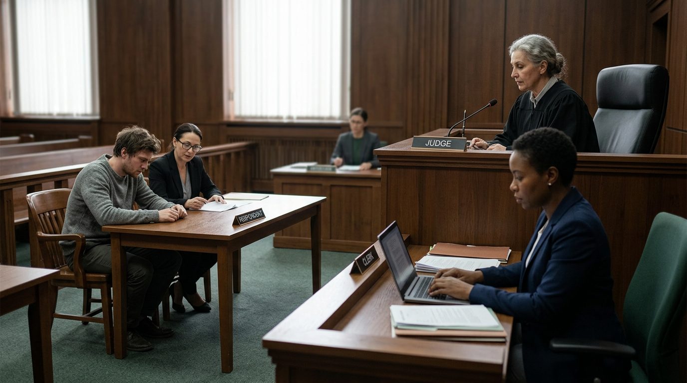 Judge presiding over Marchman Act emergency proceeding with respondent and legal representation present.