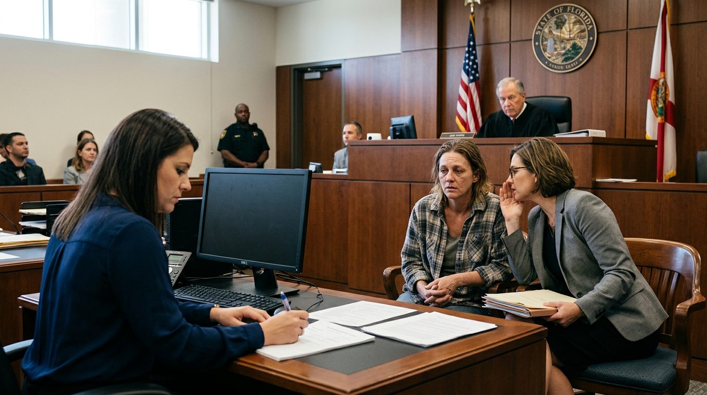 Judge presiding over Marchman Act emergency proceeding with respondent and legal counsel present in courtroom.