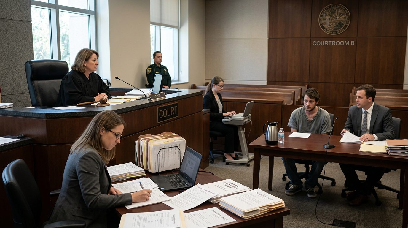 Judge presiding over Marchman Act emergency proceeding with respondent and legal counsel present in courtroom.