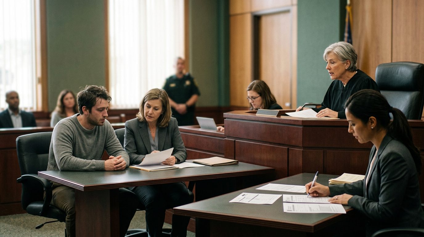 Judge presiding over Marchman Act emergency proceeding with respondent and legal representative present.