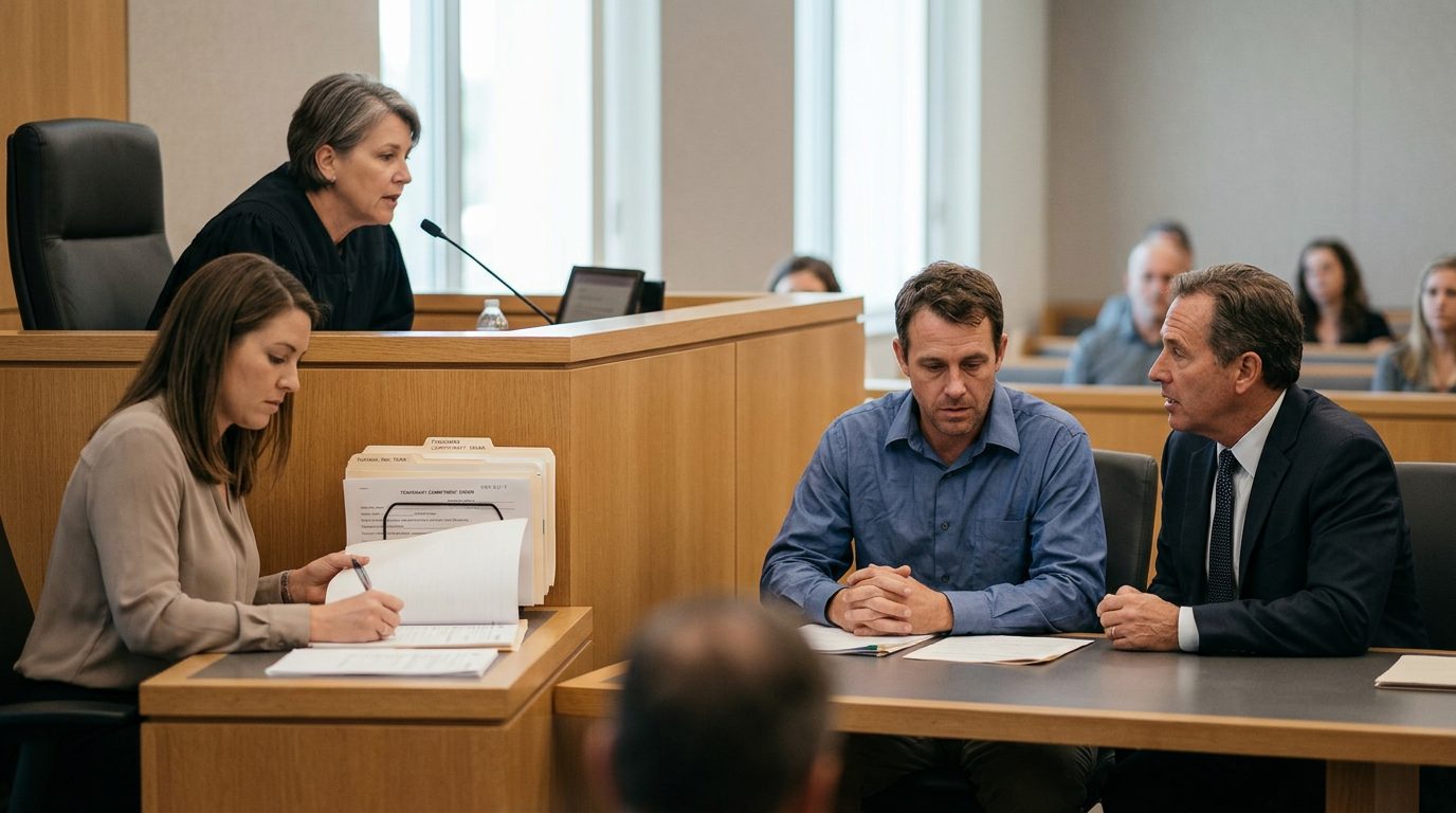 Judge presiding over Marchman Act emergency proceeding with respondent and legal counsel present in courtroom.