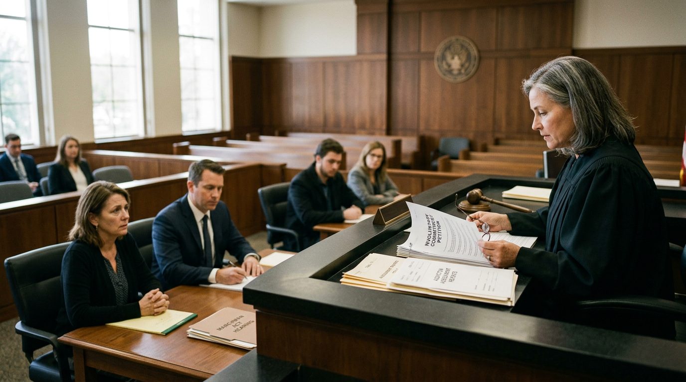 Judge reviewing a petition in a courtroom with the petitioner and counsel present, addiction reports on the bench.