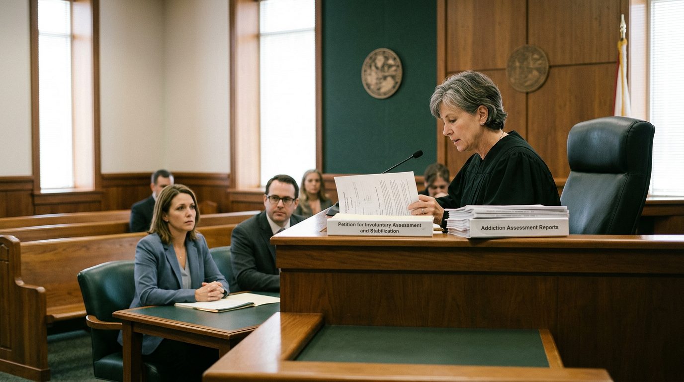 Judge reviewing an involuntary commitment petition in a Florida courtroom while the petitioner sits with counsel.