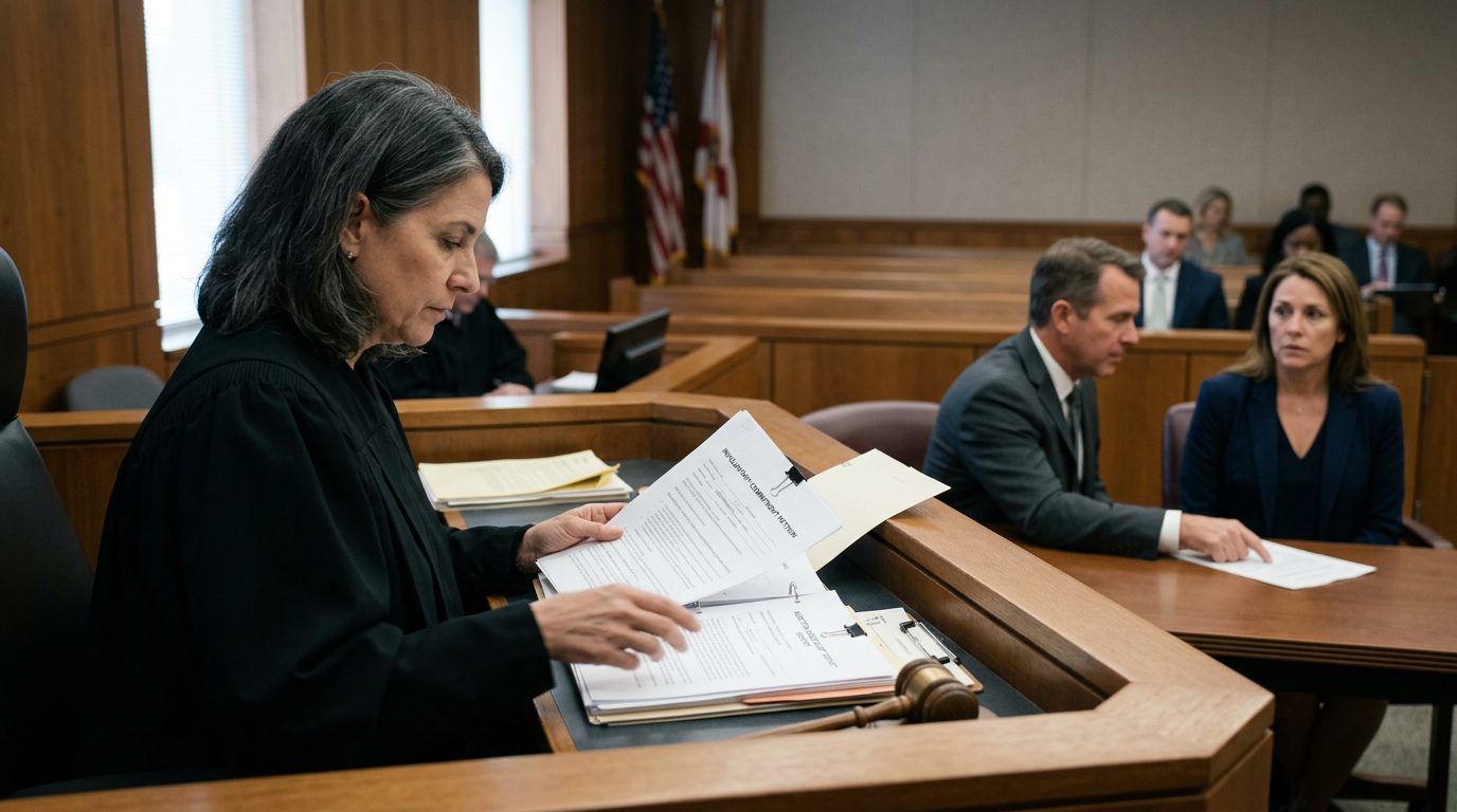 Judge reviewing an involuntary commitment petition with counsel and the petitioner present in a Florida courtroom.