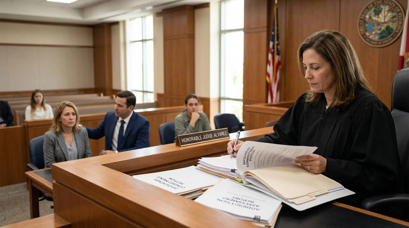 Judge reviewing commitment petition documents in a courtroom, with the petitioner and attorney present.