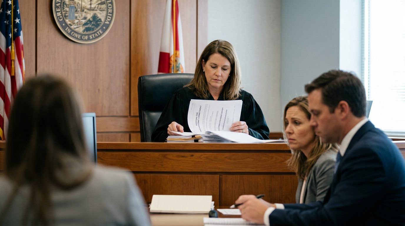 Juez revisando documentos de una petición de internamiento en una audiencia de la Ley Marchman en Florida, con el demandante y su abogado presentes.