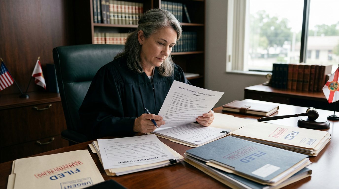 Judge reviewing emergency ex parte petition and temporary order forms in chambers.