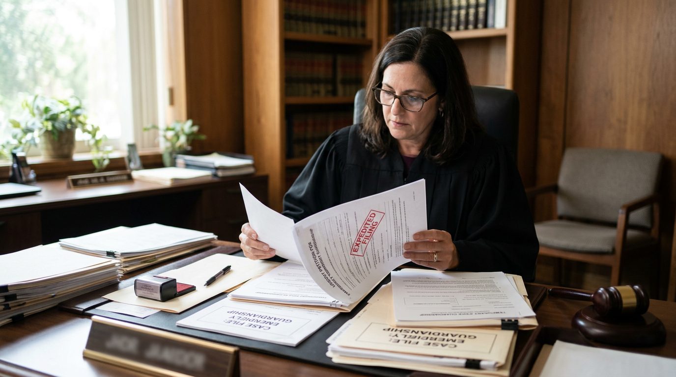 Judge reviewing emergency guardianship petition and temporary order forms in chambers.