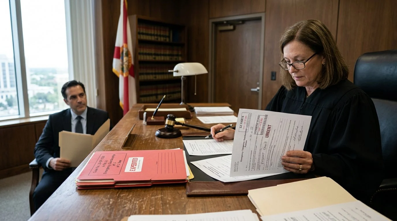 Judge reviewing emergency temporary guardianship petition in chambers with expedited filing documents.