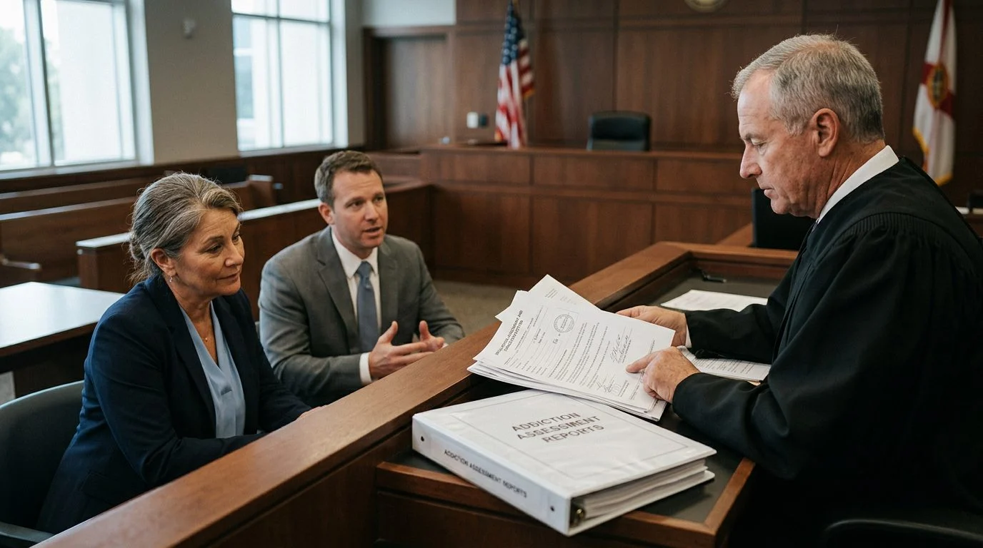 Judge reviewing involuntary commitment papers at a bench while a petitioner and attorney sit in a Florida courtroom.