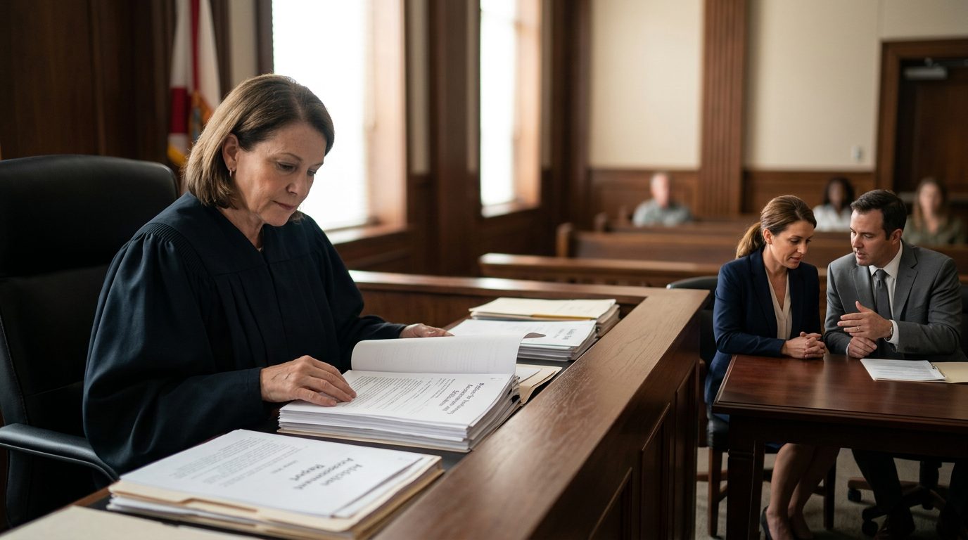 Judge reviewing involuntary commitment papers in a courtroom, with the petitioner and counsel present.