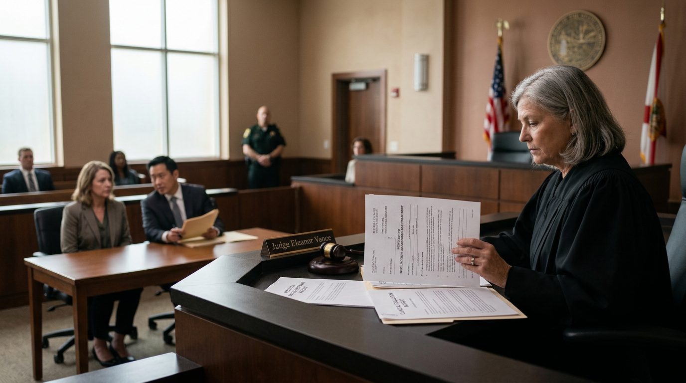 Judge reviewing involuntary commitment petition documents at a courtroom bench during a Marchman Act hearing in Florida.