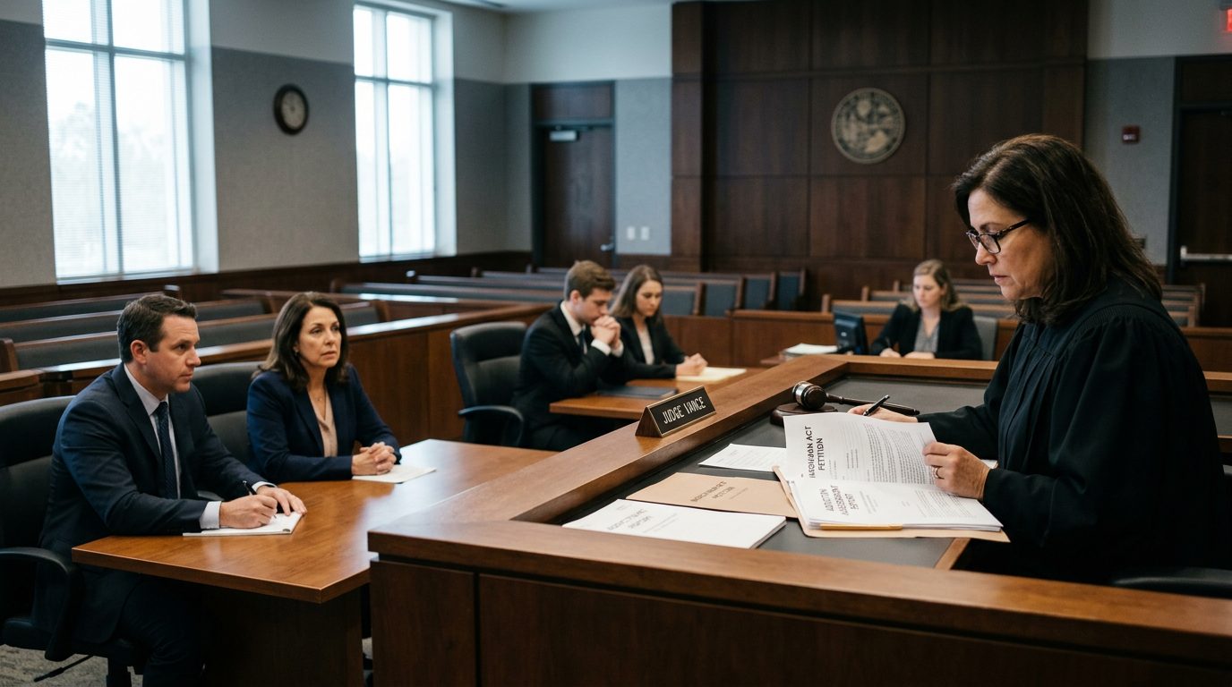 Judge reviewing involuntary commitment petition documents at the bench while a petitioner and counsel attend a Florida Marchman Act hearing.
