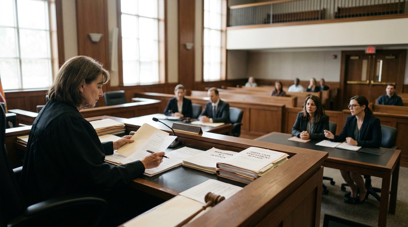 Judge reviewing involuntary commitment petition documents at a courtroom bench while counsel and the petitioner sit nearby.