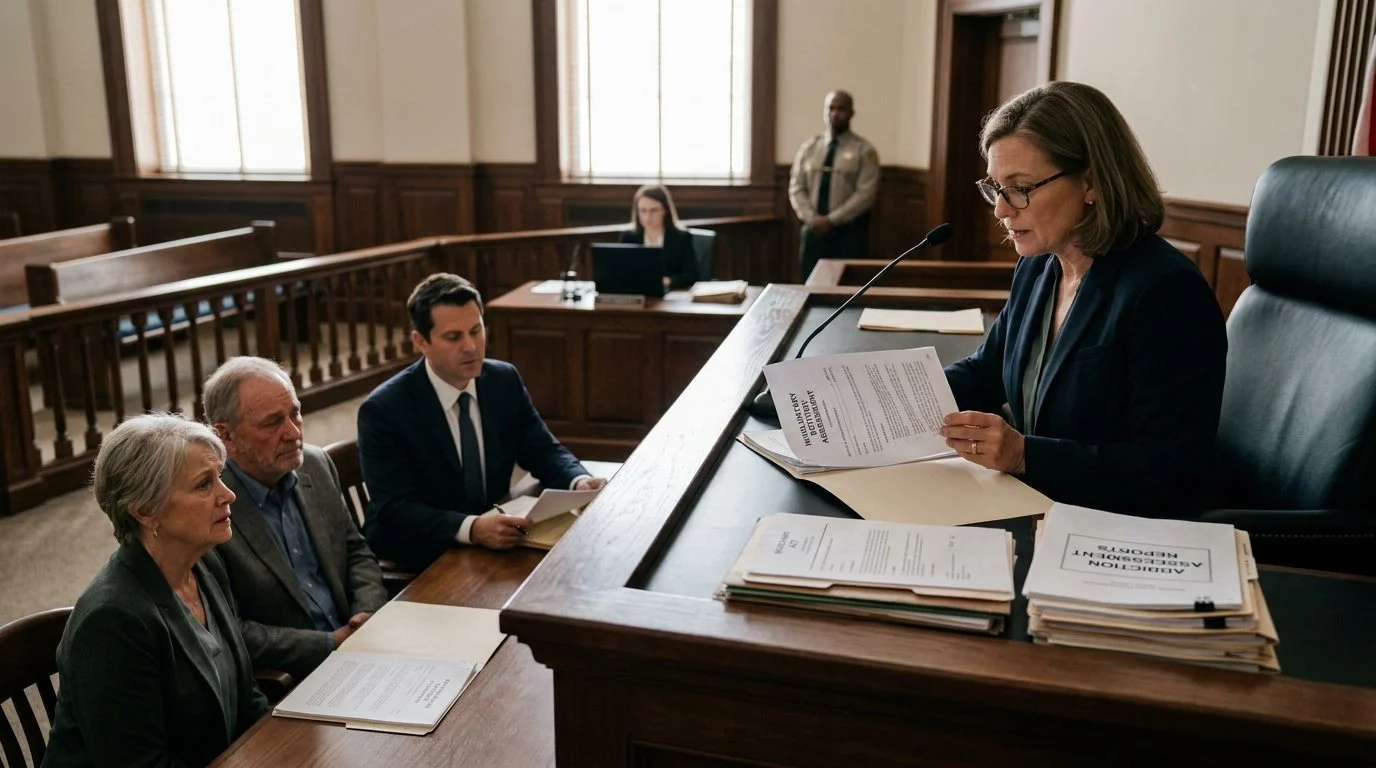 Juez revisando documentos de una petición de internamiento involuntario en un estrado, con el demandante y su abogado presentes.